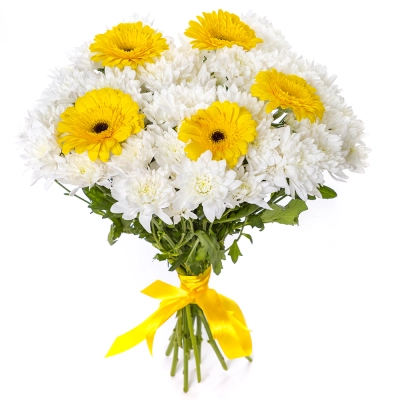 Солнечный букет из желтых гербер и белых хризантем – радость в каждом лепестке Бугульма Республика Татарстан